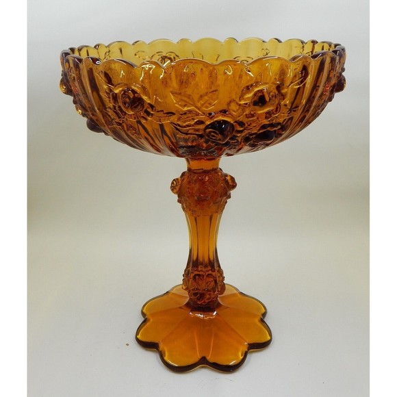 Fenton Cabbage Rose Amber Compote Pedestal Bowl Candy Dish - Picture 2 of 12